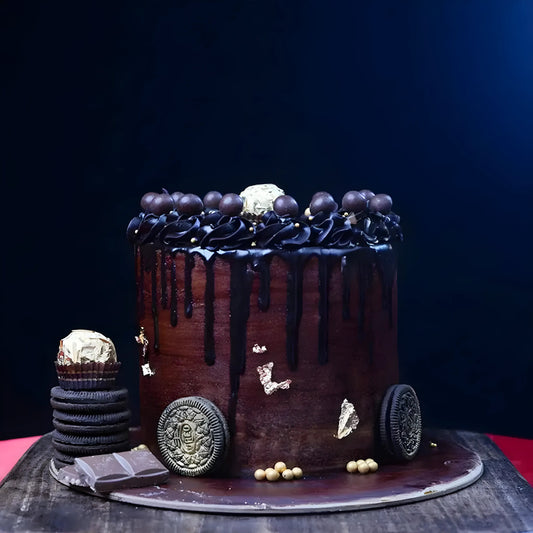 Dark chocolate driping birthday cake