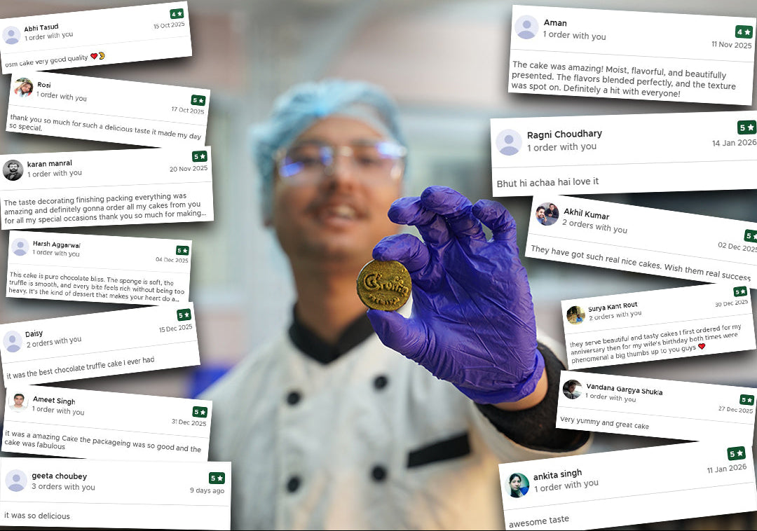 Person in a kitchen holding a gold coin with text overlays on a blurred background