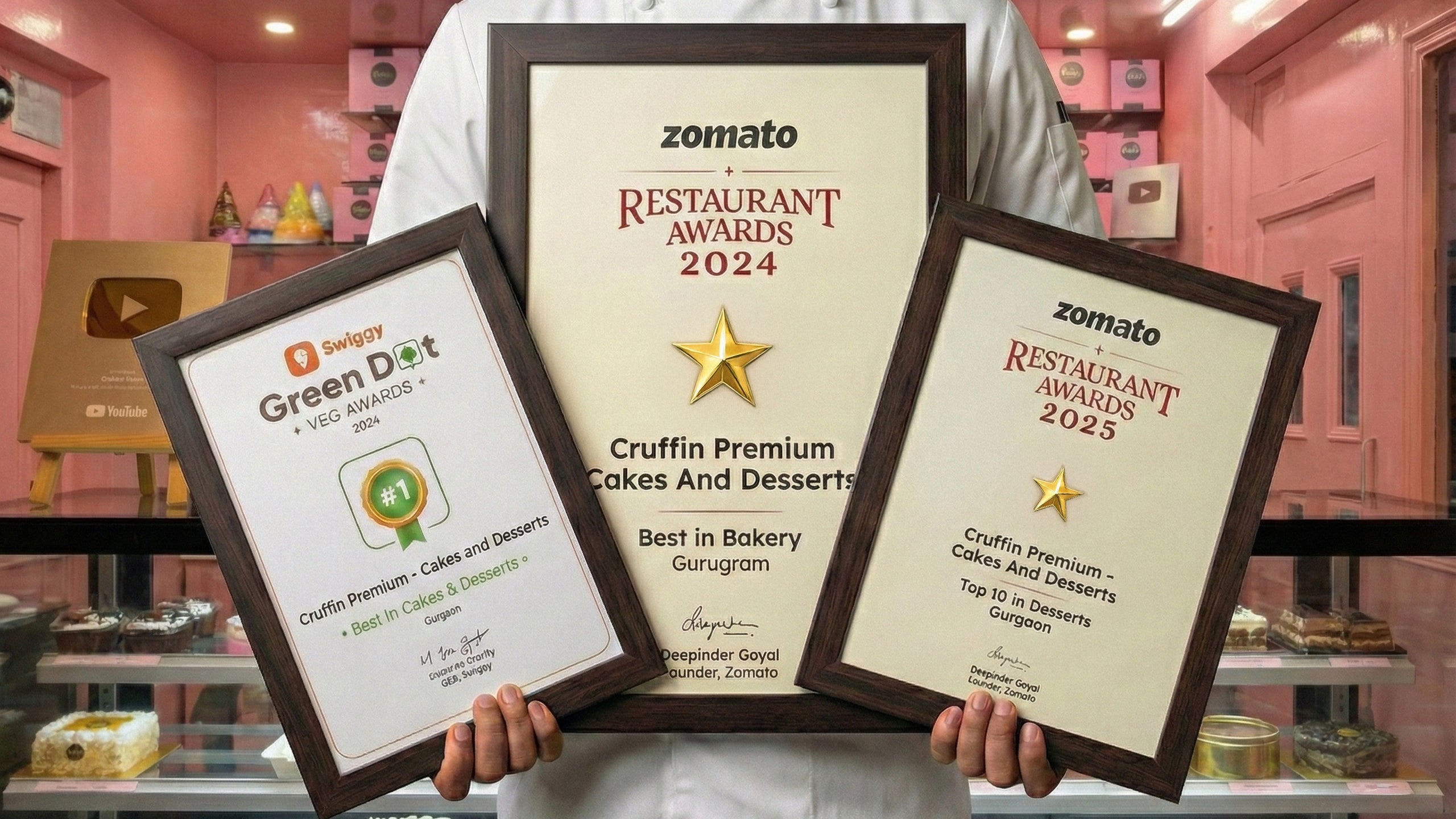 Person holding Zomato Restaurant Awards 2024 and 2023 certificates in a bakery setting.